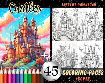 Fantasy Castles 45 Coloring Sheets, Gorgeous Adult Coloring Pages, Printable Art Instant Download Grayscale Illustration Coloring Book