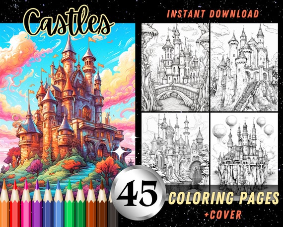Fantasy Castles 45 Coloring Sheets, Gorgeous Adult Coloring Pages, Printable Art Instant Download Grayscale Illustration Coloring Book