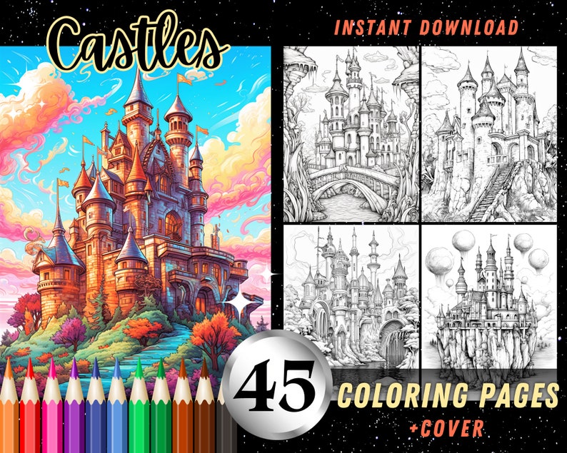 Puede incluir: Una descarga digital de 45 p&aacute;ginas para colorear con ilustraciones intrincadas de castillos. La imagen de portada muestra un castillo colorido con un cielo y nubes vibrantes. El texto "Castles" se muestra en una fuente de estilo retro.