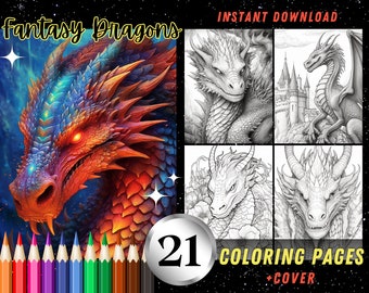Fantasy Dragons 21 Hojas para colorear, Magníficas páginas para colorear para adultos, Descarga instantánea imprimible PDF Libro para colorear con ilustraciones en escala de grises
