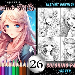 Ritratti di ragazze anime 26 fogli da colorare, splendide pagine da colorare per adulti, libro da colorare con illustrazione in scala di grigi stampabile con download istantaneo