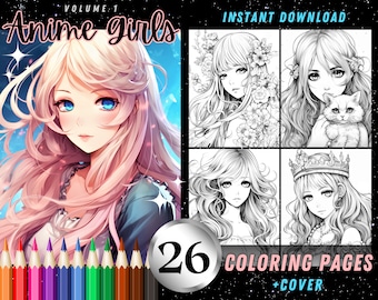 Retratos de chicas anime 26 hojas para colorear, magníficas páginas para colorear para adultos, libro para colorear con ilustraciones en escala de grises de descarga instantánea imprimible