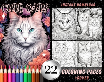Gatos lindos 22 hojas para colorear, magníficas páginas para colorear para adultos, descarga instantánea imprimible PDF Libro para colorear con ilustraciones en escala de grises
