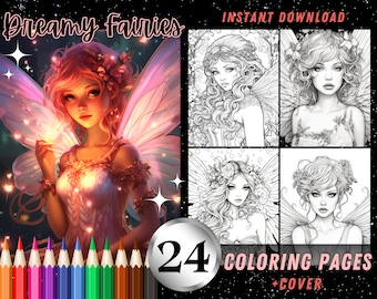 Dreamy Fairies Fantasy 24 hojas para colorear, magníficas páginas para colorear para adultos, libro para colorear con ilustraciones en escala de grises de descarga instantánea imprimible