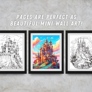 Puede incluir: Tres impresiones enmarcadas de una ilustraci&oacute;n de un castillo de fantas&iacute;a. La impresi&oacute;n m&aacute;s a la izquierda es un dibujo en blanco y negro del castillo. La impresi&oacute;n del centro es una ilustraci&oacute;n colorida del castillo con un cielo azul y nubes rosadas. La impresi&oacute;n m&aacute;s a la derecha es un dibujo en blanco y negro del castillo con un arco&iacute;ris.
