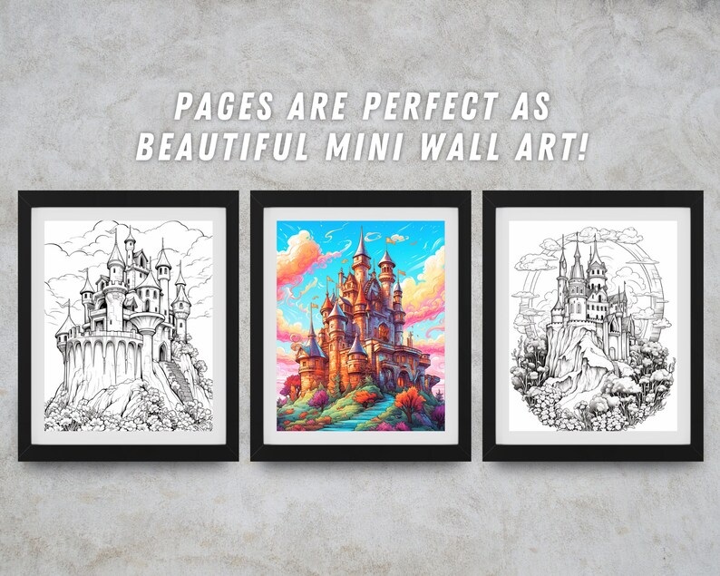 Puede incluir: Tres impresiones enmarcadas de una ilustraci&oacute;n de un castillo de fantas&iacute;a. La impresi&oacute;n m&aacute;s a la izquierda es un dibujo en blanco y negro del castillo. La impresi&oacute;n del centro es una ilustraci&oacute;n colorida del castillo con un cielo azul y nubes rosadas. La impresi&oacute;n m&aacute;s a la derecha es un dibujo en blanco y negro del castillo con un arco&iacute;ris.