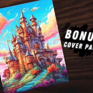Puede incluir: Una ilustraci&oacute;n colorida de un gran castillo detallado con muchas torres y chapiteles. El castillo est&aacute; situado sobre un fondo de cielo azul y nubes rosas. El castillo est&aacute; rodeado de &aacute;rboles y un camino sinuoso.