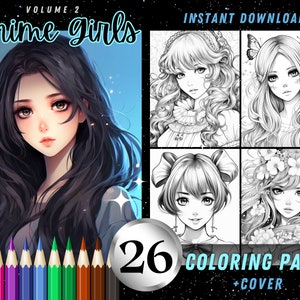 Ritratti di ragazze anime 26 fogli da colorare, splendide pagine da colorare per adulti, libro da colorare con illustrazione in scala di grigi stampabile con download istantaneo