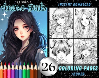 Anime Girl Portraits 26 Coloring Sheets, Gorgeous Adult Coloring Pages, Printable Instant Download Grayscale Illustration Coloring Book