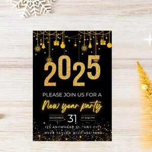 Bearbeitbare Neon Neujahrseinladung, 2025 Neujahrsparty-Einladung, Schwarzgold Silvesterparty einladen, NYE Neujahrsessenparty einladen