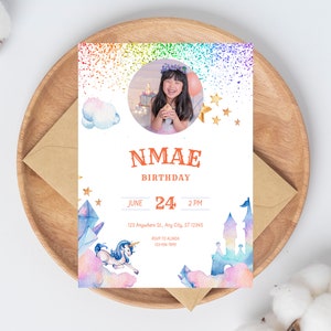 Editable Pink Birthday Invitation Template Glitter Birthday Party Invite Rainbow Foil Girl Eighth Birthday Instant Download Digital