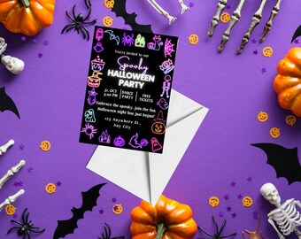Neon Halloween Party Invitation Template, Editable Halloween Party Invite, Spooky Party Invite, Modern Spooky Invite, Halloween Spooktacular