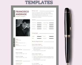 May include: A black and white resume template with a photo of a man in a suit. The resume includes the name Francisco Andrade, Graphic Designer, and sections for About Me, Skills, Language, Work Experience, Education, and Reference.