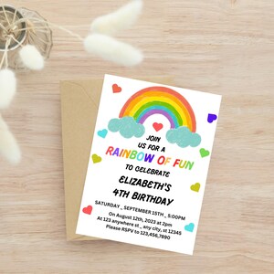 Invitación de cumpleaños de arcoíris editable, invitación de cumpleaños editable, plantilla de invitación de arcoíris, invitación de cumpleaños, invitación de cumpleaños de arcoíris