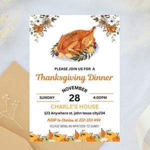Thanksgiving-Dinner-Einladung, Friendsgiving-Einladungsvorlage, Thanksgiving, bearbeitbare Thanksgiving-Einladung, Thanksgiving-Dinner einladen