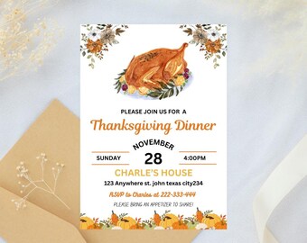 Faire-part pour Thanksgiving, modèle d'invitation pour l'Action de grâces, action de grâces, faire-part de Thanksgiving modifiable, invitation au dîner de Thanksgiving