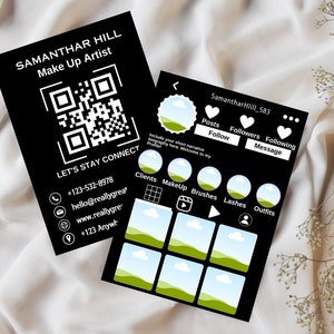 Può includere: Biglietto da visita bianco e nero con un codice QR, informazioni di contatto e il testo "Samanthar Hill Make Up Artist" e "Let's Stay Connect".