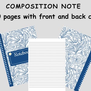 Op de afbeelding: Een blauw notitieboek met een bloemenpatroon op de kaft. Het notitieboek heeft 120 pagina's en een spiraalbinding. De tekst "Composition Note" en "120 pagina's met voor- en achterkant" staat op de kaft gedrukt.