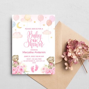 Pink Teddy bear baby shower invitation template, Pink Baby Shower Invitation, Editable Brown Bear Balloon Baby Shower Invitation