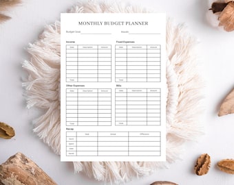 May include: A printable monthly budget planner with sections for income, fixed expenses, other expenses, bills, and a recap. The planner includes columns for date, description, and amount.