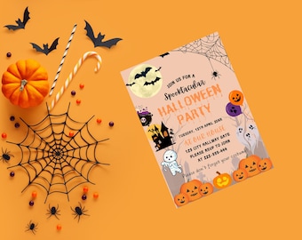 May include: An orange and black Halloween party invitation with a cartoon ghost, a haunted house, and pumpkins. The text reads "Join us for a Spooktacular Halloween Party" and includes the date, time, and location.