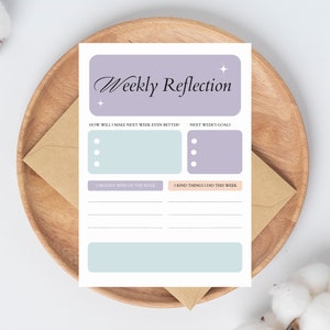 May include: A printable weekly reflection planner with sections for how to make next week better, next week's goals, biggest wins of the week, and kind things you did this week.