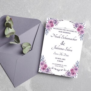 Paarse bruiloft uitnodiging sjabloon, lila bruiloft uitnodiging sjabloon, bloemen, bewerkbare, afdrukbare uitnodigen, paarse bloemen uitnodigen sjabloon