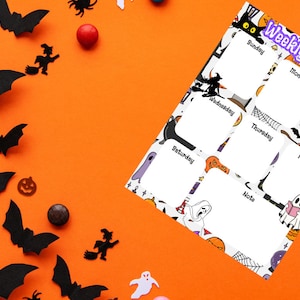 May include: A printable Halloween-themed weekly planner with a black cat, ghosts, and pumpkins. The planner has spaces for each day of the week, plus a notes section.