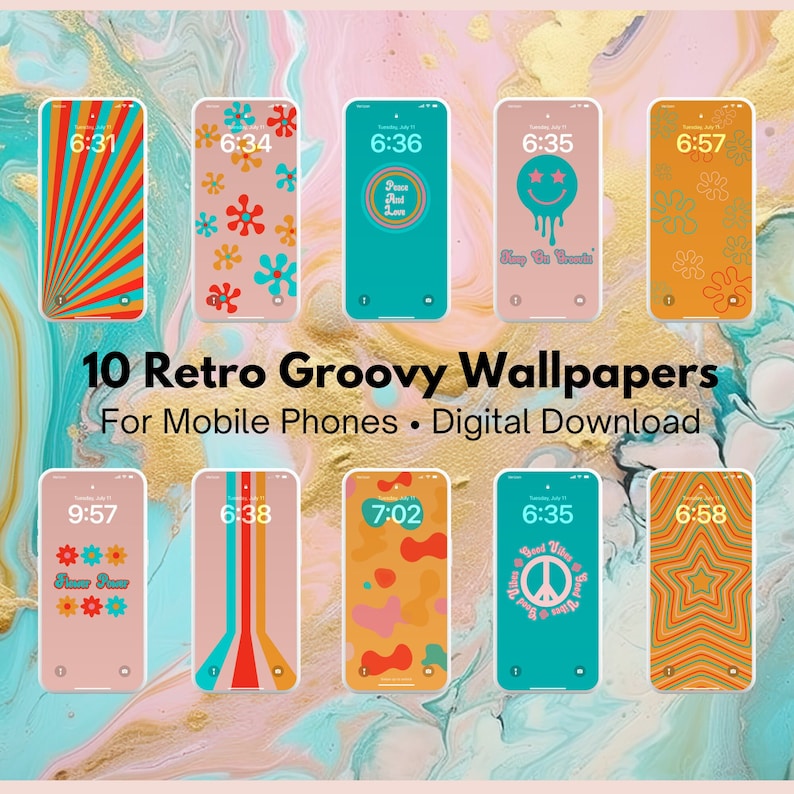 May include: Ten digital phone wallpapers in a retro groovy style. The wallpapers feature various designs, including peace signs, flowers, stars, and abstract patterns. The colors are bright and vibrant, with a mix of orange, yellow, blue, green, and pink.