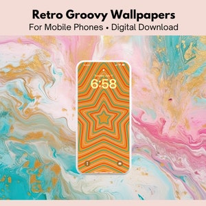 May include: A digital phone wallpaper with a retro groovy design. The wallpaper features a large star shape with concentric circles in shades of orange, red, and blue on a yellow background. The phone screen displays the time 6:58.