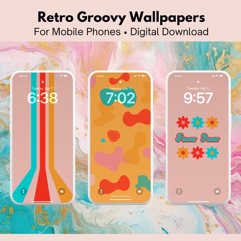May include: Three phone screen mockups with retro groovy wallpapers. The first wallpaper features a design of vertical stripes in red, orange, and blue. The second wallpaper features a design of abstract shapes in pink, orange, and blue. The third wallpaper features a pink background with a design of colorful flowers and the text "Flower Power".
