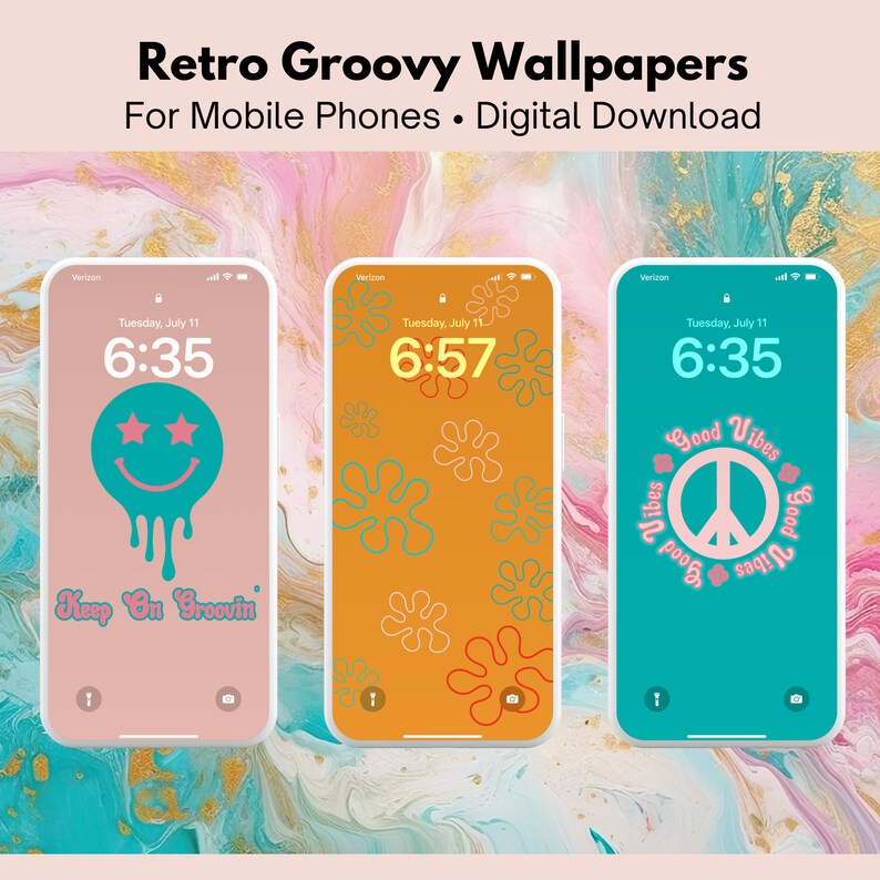 May include: Three digital phone wallpapers with a retro groovy theme. The first wallpaper is pink with a blue smiley face with stars for eyes and the text "Keep On Groovin". The second wallpaper is orange with green and orange abstract shapes. The third wallpaper is teal with a pink peace sign and the text "Good Vibes" repeated around the peace sign.