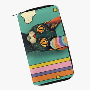 Cartera de mano larga con diseño de gato y rayas estilo pop art retro de Tara Leigh, de edición limitada. Atrevida, artística y colorida. Solo 200 unidades disponibles.