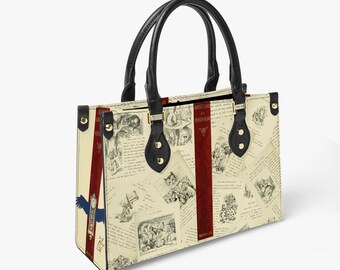 May include: A white and black tote bag with a red and gold stripe. The bag is covered in images from the book "Alice's Adventures in Wonderland".