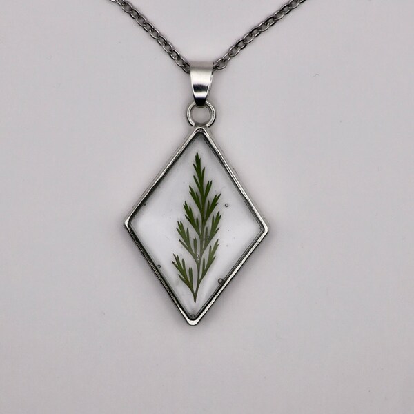 Real Pressed Fern Necklace - Diamond Shape | Silver | Resin | Birthday Gift for Her