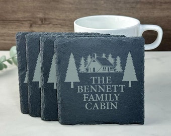 Custom Cabin Coasters, Personalized Family Cabin Slate Coasters, Personalized Camping Cabin Gift Coasters, Custom Cabin Decor Coasters