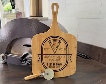 Personalized Pizza Peel and Pizza Cutter, Custom Pizza Paddle, Engraved Pizza Paddle, Family Personalized Pizza Board, Father's Day Gift