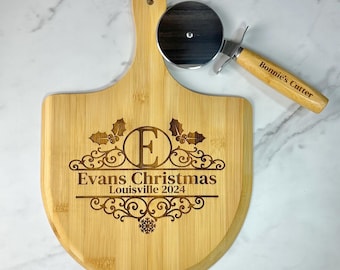 Custom Christmas Pizza Board & Cutter: Personalized Bamboo Pizza Peel