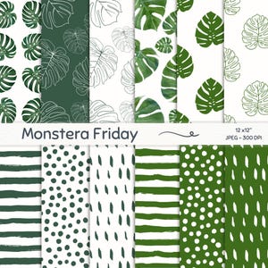 Papel digital con estampado de hojas de monstera, patrón sin costuras de hojas verdes, rayas y lunares, patrón digital verde, papel imprimible de planta de queso.
