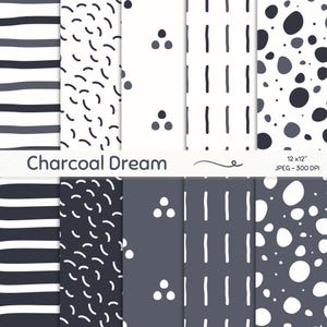 May include: Set of 10 digital paper patterns in black and white with geometric and abstract designs. The patterns include stripes, dots, and squiggles. The text "Charcoal Dream" is included in the image.
