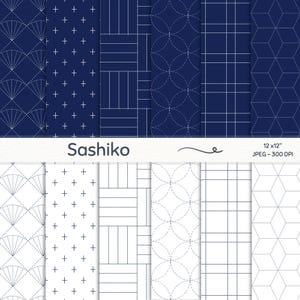 Niebieskie i białe wzory cyfrowe inspirowane Japonią, papiery Sashiko Geometryczne bezszwowe, granatowy minimalistyczny papier geometryczny bezszwowe do druku