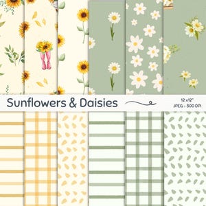 Sunflower and Daisy Digital Paper, Seamless Yellow Floral Pattern, Summer Floral Printable Paper Pack, Daisy Seamless Digital Paper