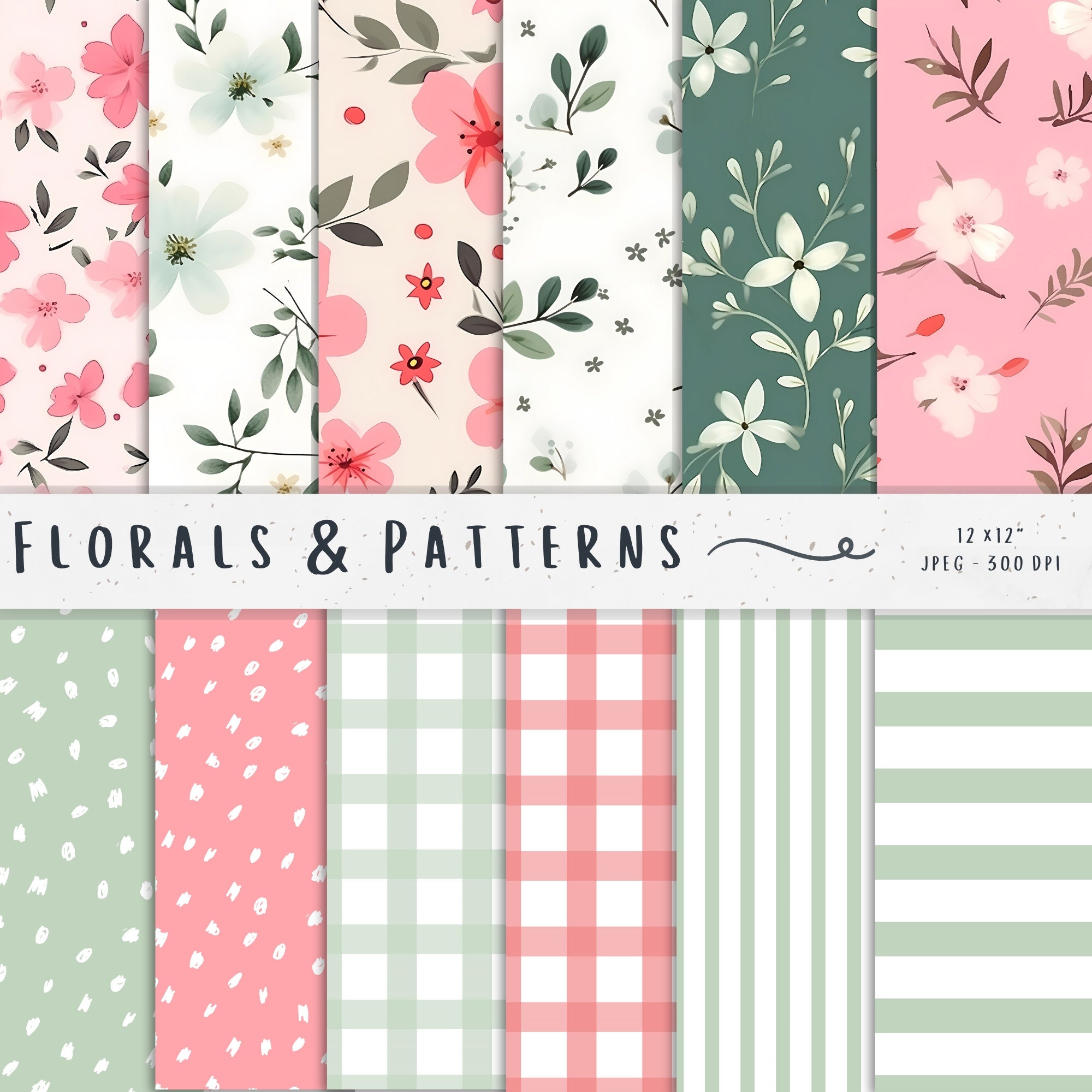 Blush Pink and Green Seamless Digital Paper, Hand Drawn Scales, Hearts,  Leaves, Terrazzo Pattern, Digital Scrapbook Papers 