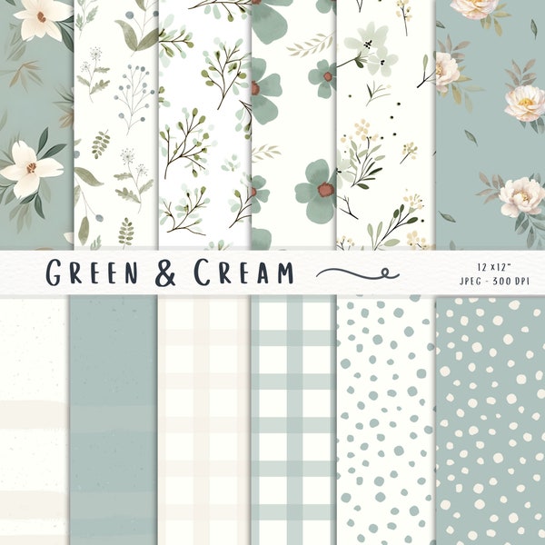 Green Floral Digital Paper, Seamless Floral Pattern, Gingham and Polka Dot, Cream Digital Pattern, Printable Paper Pack