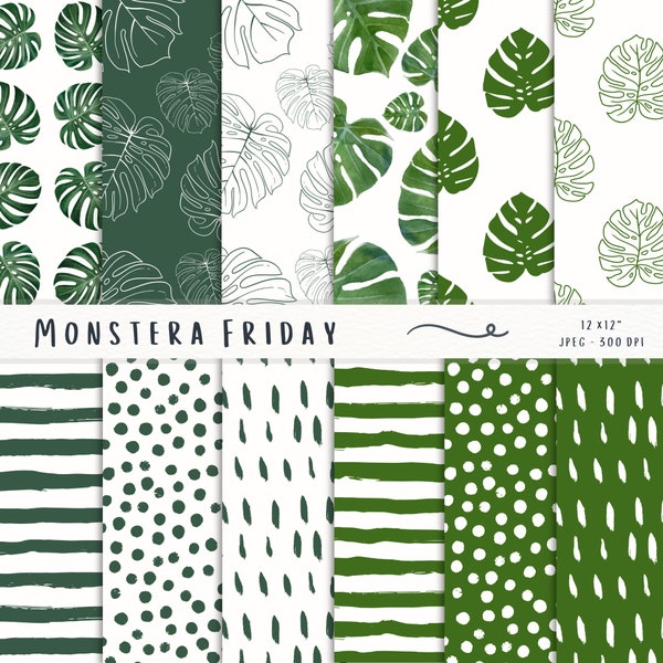 Monstera Leaf Print Digital Paper, Green Leaf Seamless Pattern, Stripes and Polka Dots, Green Digital Pattern, Cheese Plant Printable Paper