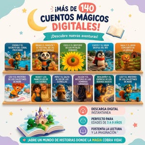 May include: A digital collection of over 140 children's stories featuring colorful illustrations of animals and characters. The graphic includes titles like Chispa y el Secreto del Coral Profundo, a castle pop-up book, and icons for instant download.
