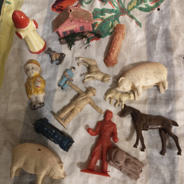 Vintage Toy Mixed Lot, trains, pigs, cow, sheep, French Bulldog, scarecrow, etc.