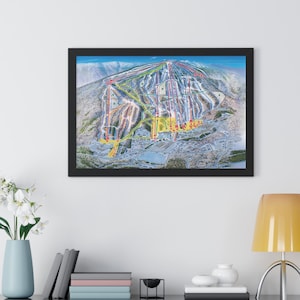 Póster enmarcado de la estación de esquí Mount Snow, Vermont, con mapa de senderos de estilo vintage