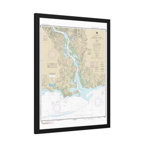 Póster enmarcado con mapa náutico, carta de navegación, desde el estrecho Long Island hasta el río Deep, Connecticut