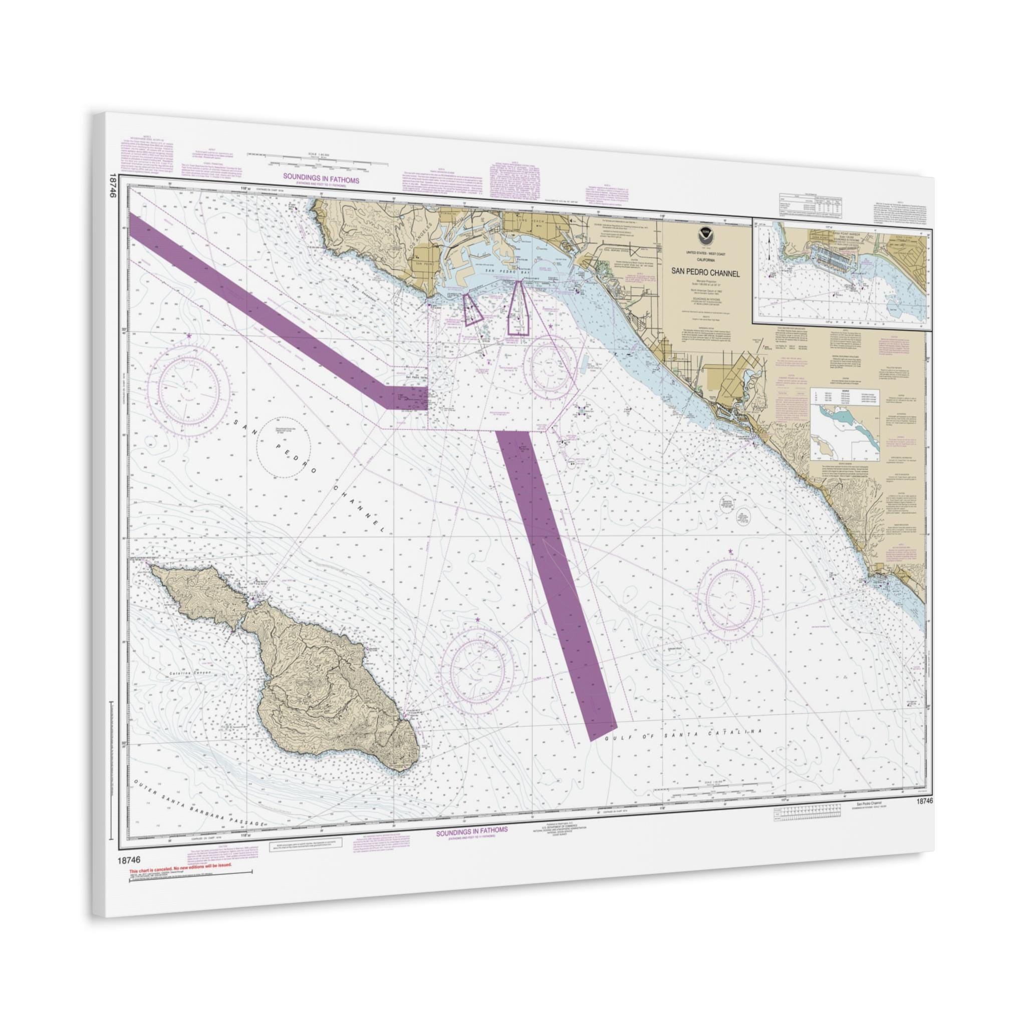 San Pedro Channel to Santa Catalina Island and Dana Point Harbor Los Angeles California Nautical Map Sailing Chart 3-D Canvas Poster